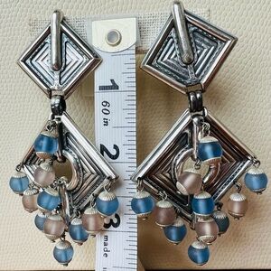Vintage Silver metal and Blue Glass Geometric Dangle Earrings.1980s